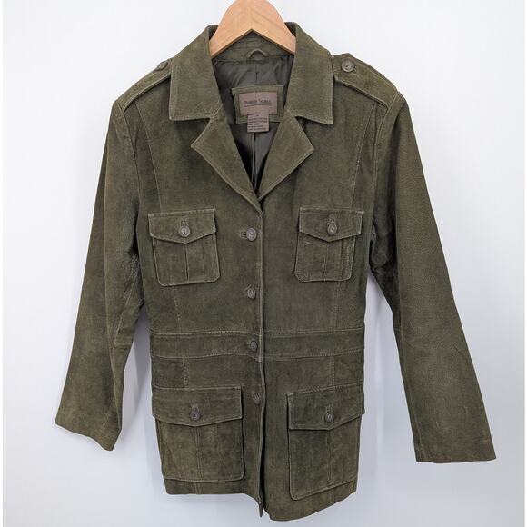 Vintage Olive Green Brandon Thomas 100% Leather Front Button Military Jacket Med - Picture 1 of 7